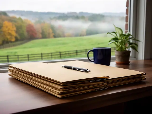 A stack of closed kraft folders with a pen on a desk by a window onto misty pastures and autumn woods.